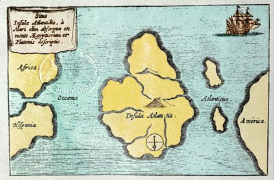 伝説の島「アトランティス」の地図 - アタナセ・キルヒャー（またはアタナシウス・キルヒャー）の「Mundus Subterraneus」より 作： Athanasius Kircher