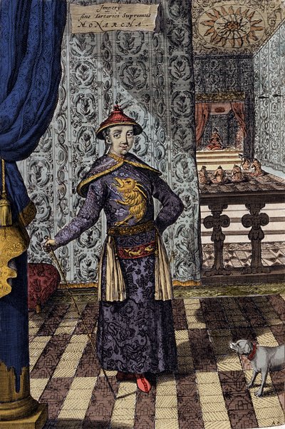 中国皇帝とタルタル人の最高統治者-中国皇帝康熙（1652-1722）清朝、アタナシウス・キルヒャー（1601-1680）による彫刻、「China Monumentis, qua sacris qua profanis」1667年より-中国皇帝康熙（1652-1722）清朝。 作： Athanasius Kircher