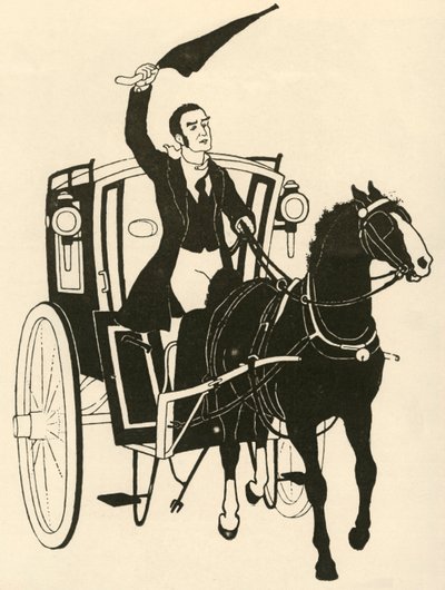 「片手で手綱を握り、傘で馬をかき立てる」、1928 年。 作： Athelstan Rusden