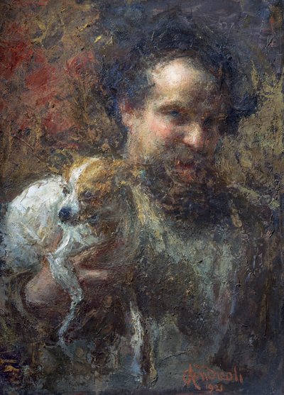 犬を連れたアッティリオ・アンドレオリの自画像（キャンバスに油彩） 作： Attilio Andreoli