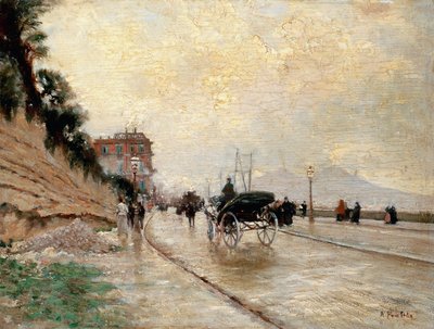 ナポリの遊歩道の馬車（パネルに油彩） 作： Attillo Pratella