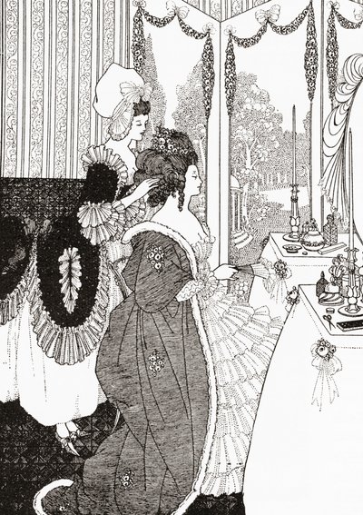 The Toilet after Aubrey Beardsley」。1909年に出版されたEduard Fuchs著『Illustrierte Sittengeschichte vom Mittelalter bis zur Gegenwart』より。 作： Aubrey (after) Beardsley