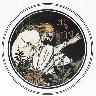 アーサー王伝説。「Sir Thomas Malory著『The Morte of Arthur』の「魔法使いマーリン」エングレーヴィング、Aubrey Beardsley（1872-1898）による挿絵版 1893-1894（アーサー王伝説：魔法使いマーリン、Aubrey Beardssleyによる『The death of Arthur』の挿絵版 作： Aubrey Beardsley