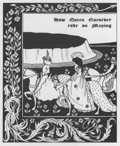 アーサー王伝説。"Queen Guenievre Queen of May" Sir Thomas Malory著『アーサー王物語』のエングレーヴィング、Aubrey Beardsley（1872-1898）が挿絵を描いた版 1893-1894（アーサー王伝説：Guenever（Guinevere）王妃のメイイング、Aubrey Beardによる挿絵 作： オーブリービアズリー