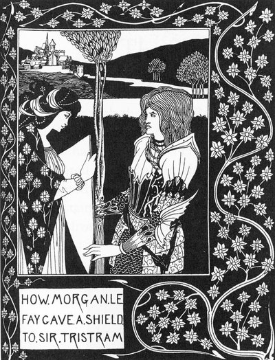 アーサー王伝説。"The fee Morgane gives a shield to Tristan" Engraving in "The story of Tristan and his adventures, which includes his love story with Isolde" "The Morte of Arthur" by Sir Thomas Malory, edition illustrated by Aubrey gave Beardsley ( 作： Aubrey Beardsley