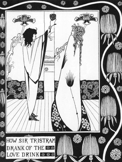 アーサー王伝説。"Tristan drinking the love philtre" Engraving in "The story of Tristan and his adventures, which includes his love story with Isolde" from Sir Thomas Malory, edition illustrated by Aubrey Beardsley (1872-1898) 1893-1894 (Arthuria) 作： Aubrey Beardsley