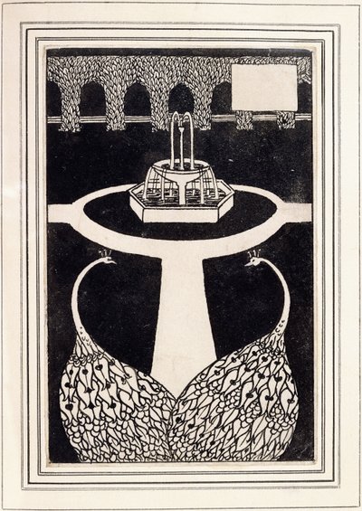 噴水のある庭にいる2匹の孔雀を描いた章の見出し、c.1893 - 4 作： Aubrey Beardsley