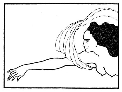 フロスヒルデ、ダスラインゴールドのイラスト、「サボイ」誌、1896年に掲載 作： Aubrey Beardsley