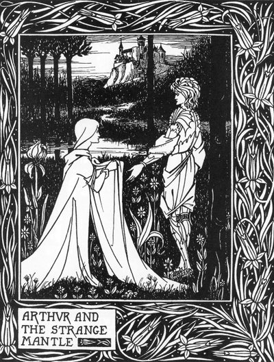 フィー・モルガンが送った少女の訪問を受けるアーサー王（King Arthur and the strange mantle sent by Morgan the fay） イラスト：オーブリー・ビアズリー（1872-1898） Thomas Malory