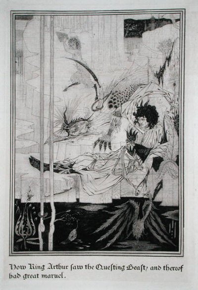 アーサー王は、探求する獣を見て、大きな驚きを感じた。 作： Aubrey Beardsley