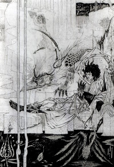 アーサー王はクエストビーストを見て、その素晴らしい驚きを手に入れました。 作： Aubrey Beardsley