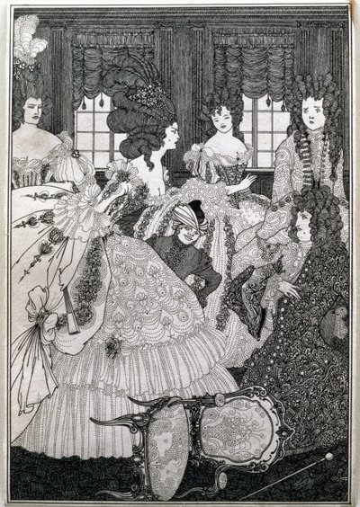 アレキサンダー・ポープ（1688-1744）のパブによる「髪盗人」から8番目のイラストを描いた「ボークスとベルの戦い」。レオナルド・スミザーズ 作： Aubrey Beardsley