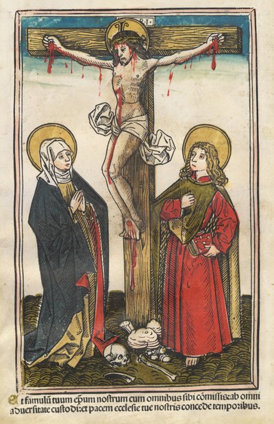 処女と聖ヨハネと十字架上のキリスト 作： Augsburg 15th Century