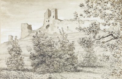 ラクヴェレ城の廃墟の眺め、1828年（紙にセピアと鉛筆） 作： August Georg Wilhelm Pezold