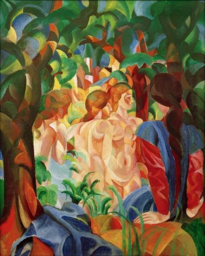 バックグラウンドで市と入浴女の子 作： August Macke