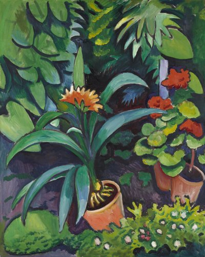 庭の花、クリビアとペラルゴニウム 作： August Macke