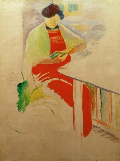 バルコニー（エリザベス）に赤いエプロンを持つ女性 作： August Macke
