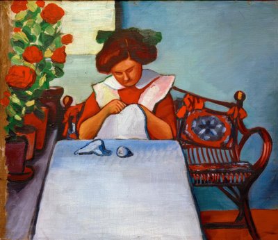 テーブルでのグレテ・トゥアル 作： August Macke