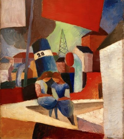 壁に子供がいる港の写真：デュースブルク港 作： August Macke