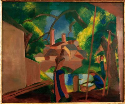 バックグラウンドで市と噴水で子供たち 作： August Macke