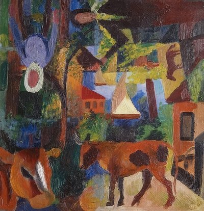 牛、帆船、人物のいる風景。 1914 作： August Macke