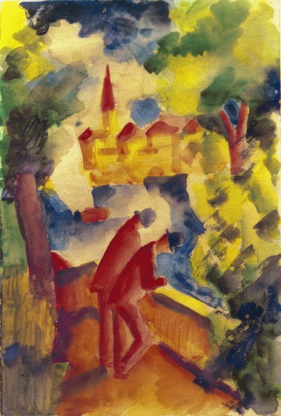 湖のほとりにある通りの男性 作： August Macke