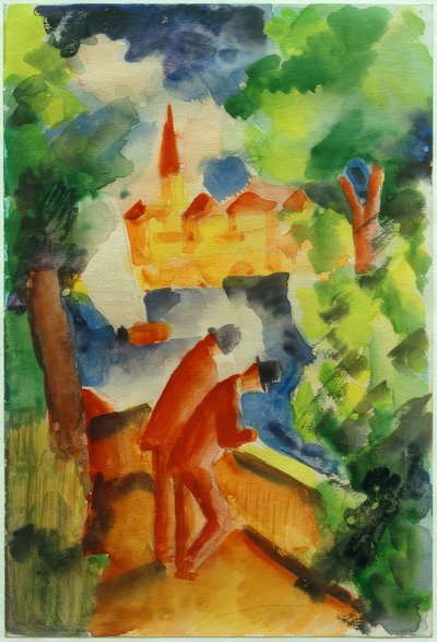 湖のほとりにあるテラスの男性 作： August Macke