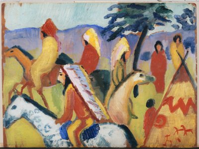テントに乗っているインディアン 作： August Macke