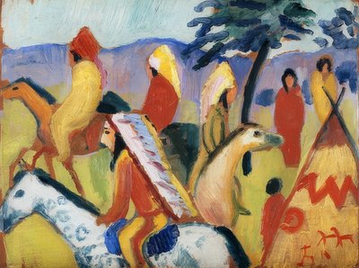 テントに乗るインディアン。 1911 作： August Macke