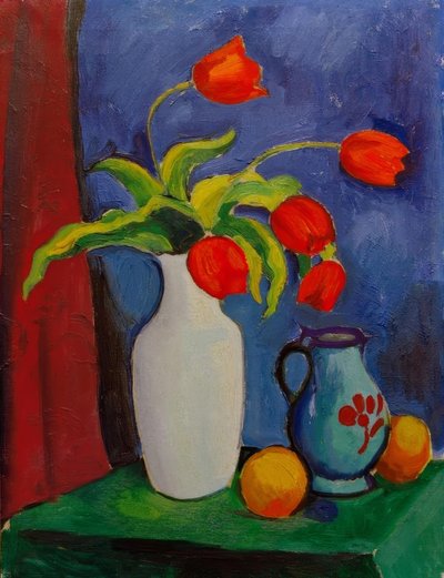 白い花瓶の赤いチューリップ 作： August Macke