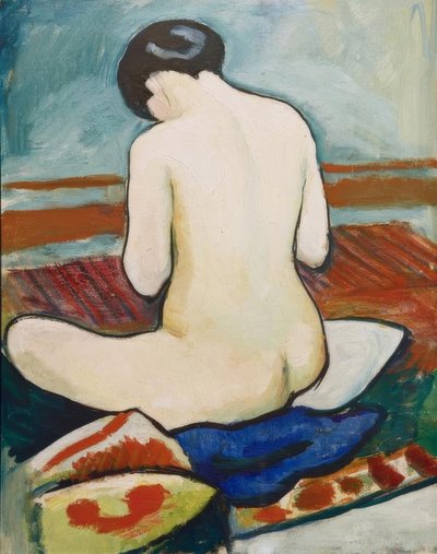 枕でヌードに座る 作： August Macke