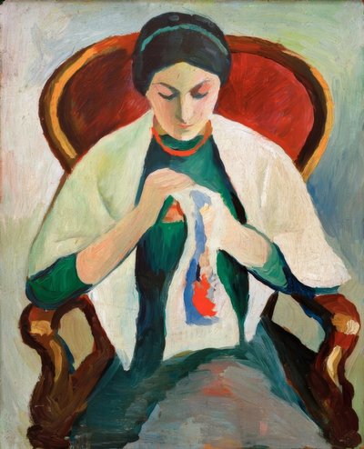 肘掛け椅子の刺繍の女性：アーティストの妻の肖像 作： August Macke