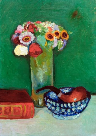 花束と青いボウルにパイプのある静物 作： August Macke