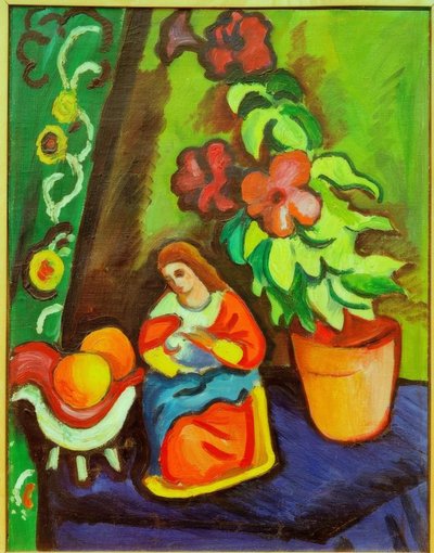 マドンナ、ペチュニア、リンゴのある静物 作： August Macke