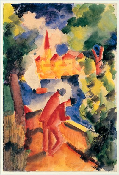 湖を見下ろす手すりの上で腕を組む二人の男 1914年（水彩画 作： August Macke
