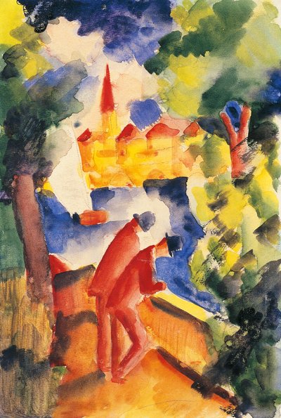 湖を見下ろす手すりの上で腕を組む二人の男 1914年（水彩画 作： August Macke