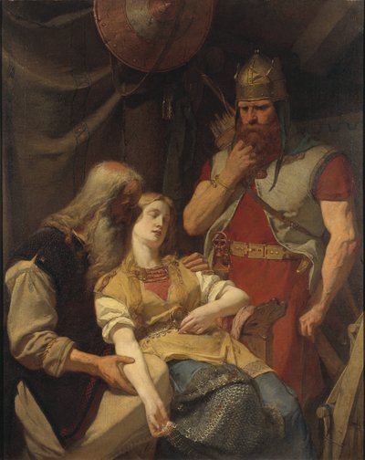 Hjalmarの死をIngeborgに知らせるOervar Oddr - Oervar-OddrがHjalmarの死をIngeborgに知らせる、by Malmstrom, August (1829-1901).油彩・キャンバス 作： August Malmström