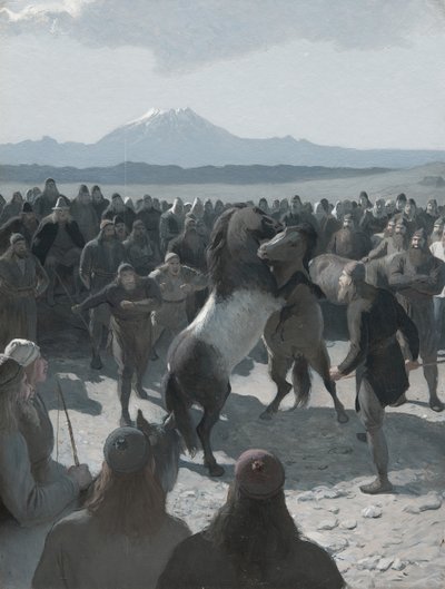 バーント ニャールの物語: 1880 年代の Hliðarendi での馬の戦い。 作： August Malmström