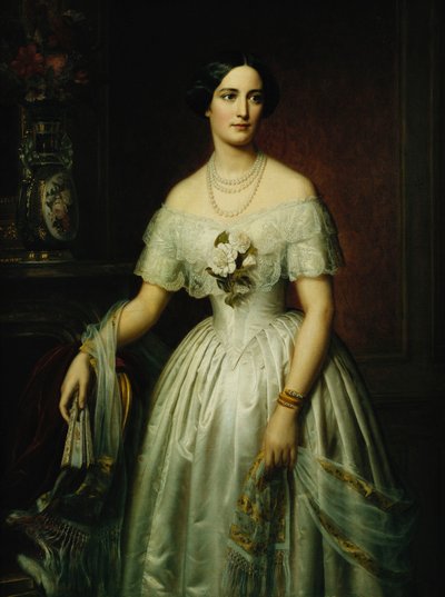 1851年と1876年に白いドレスを着た4分の3の長さの女性の肖像 作： August Schiott