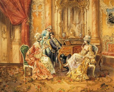 ピアノで、Stephan Sedlacek（1868-1936）作、キャンバスに油彩 作： August Stephan Sedlacek