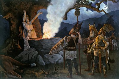 ケルトの戦士は巫女に相談します。 アウグストゥス・ディーフェンバッハーの絵画. 作： August Wilhelm Dieffenbacher