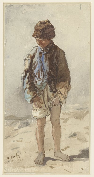 毛皮の帽子をかぶり、裸足で向かい合って立つハンガリーの少年 作： August Xaver Carl von Pettenkofen