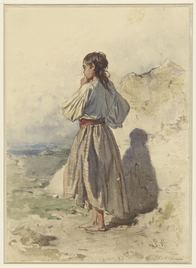 後ろから見た、左に 4 分の 3 の位置に立っているハンガリーの女性 作： August Xaver Carl von Pettenkofen