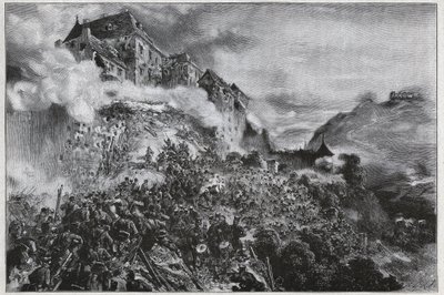 1848-1849年のハンガリー革命。1849年5月21日、ブダ（オーヴェン）城を襲撃するハンガリーの反乱軍 - August von Pettenkoferのリトグラフの後で 作： August Xaver Karl von Pettenkofen