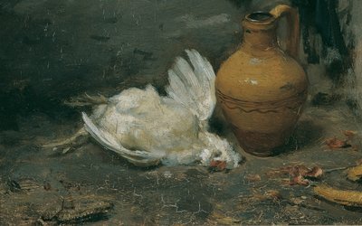 死んだニワトリと水差しのある静物 作： August von Pettenkofen