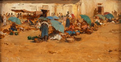 青い傘を持つハンガリーの市場 作： August von Pettenkofen