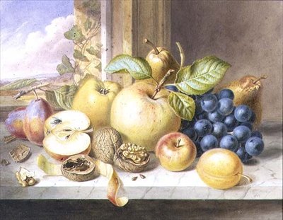 窓辺に置かれたりんご、ぶどう、梨、プラム、くるみの静物画 作： Augusta Innes Withers
