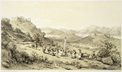ユージン・シチェリ（1813-90）が彫った「中国のスケッチ」のプレート11「マカオの全景」1842年（彩色リトグラフ） 作： Auguste (after) Borget