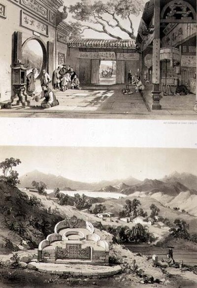 マカオの大寺院と香港湾と九龍湾の間にある墓と村の内観（「中国のスケッチ」より第8版と第7版）、ユージン・シチェリ（1813-90）の彫刻（1842年）（彩色リトグラフ 作： Auguste (after) Borget