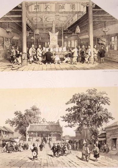 仏陀寺の内部と広東郊外の小広場 ユージン・シチェリ(1813-90)が彫った「中国のスケッチ」のプレート25と26 1842年(着色リトグラフ) 作： Auguste (after) Borget